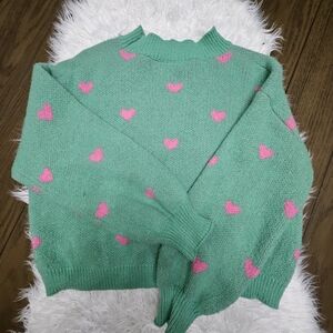 SHEIN Mint Sweater with Pink Heart Accents